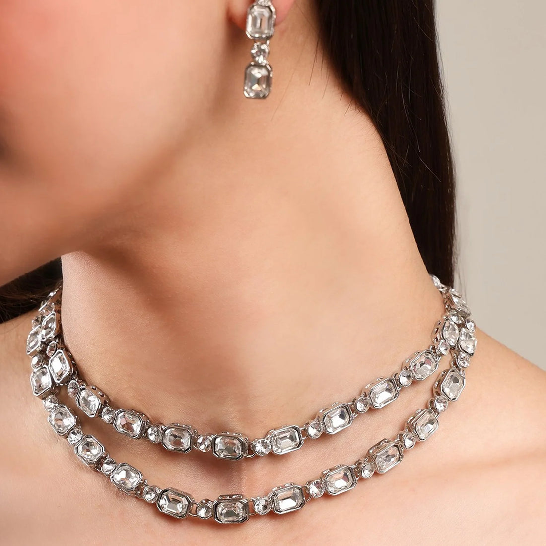 Silver AD Double Layer Choker Set with Earrings