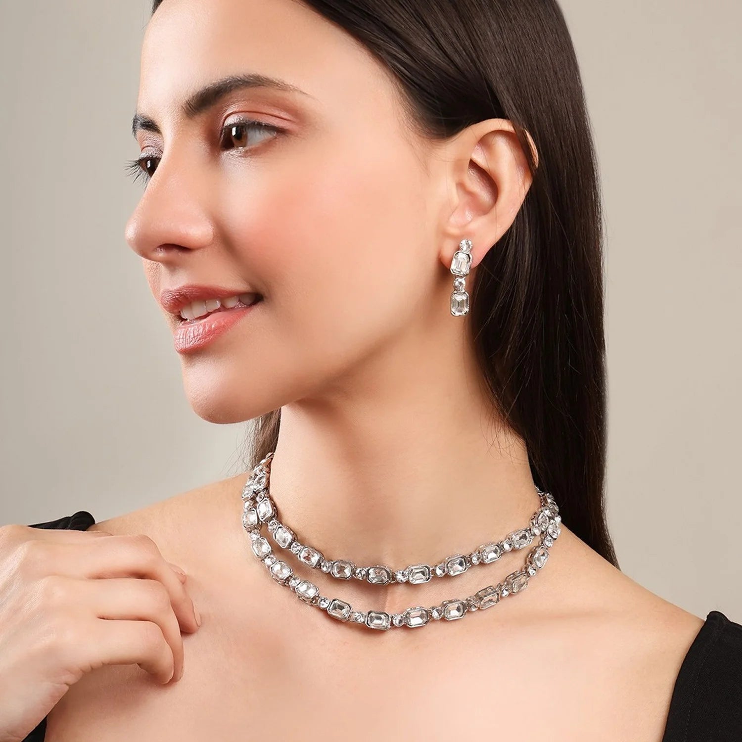 Silver AD Double Layer Choker Set with Earrings