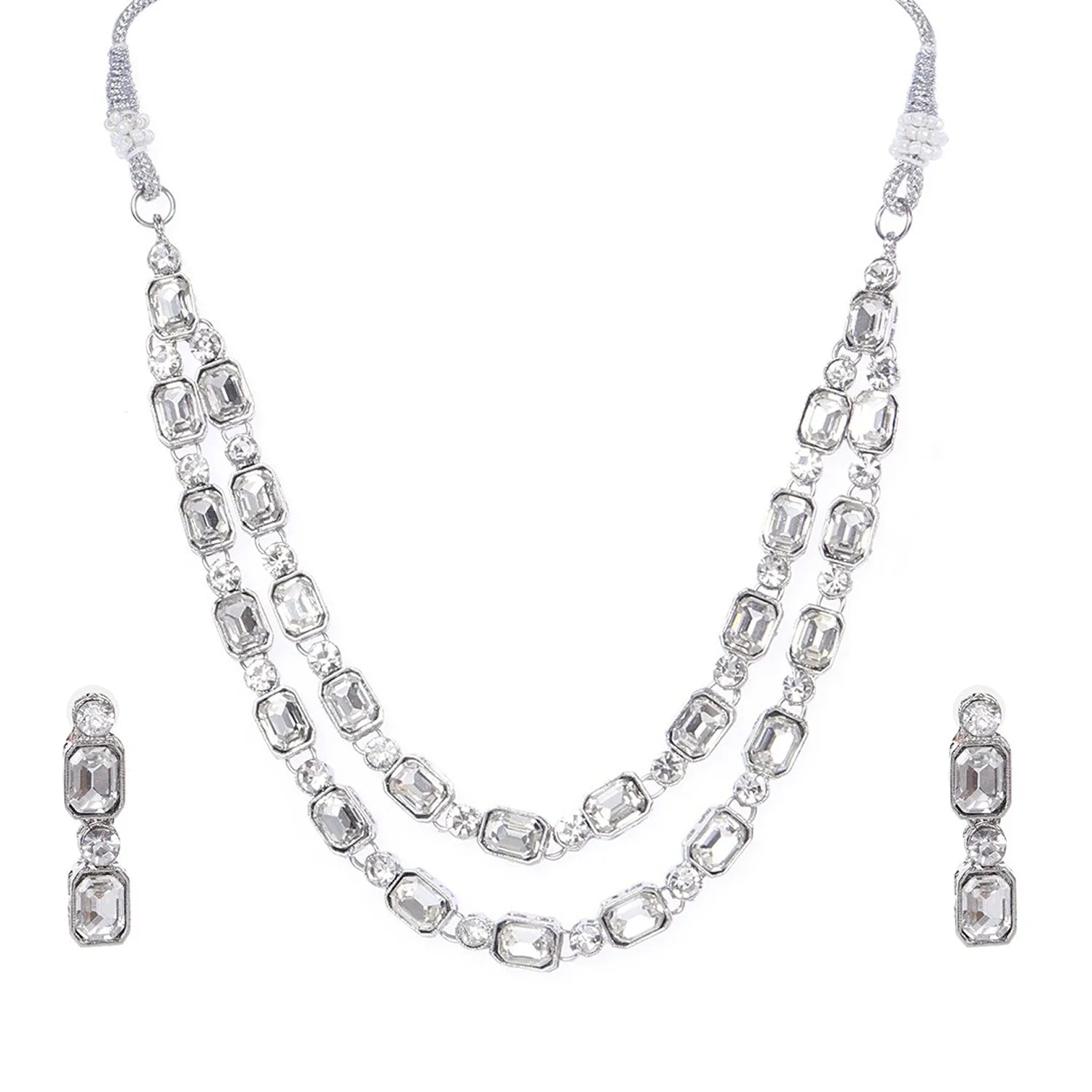 Silver AD Double Layer Choker Set with Earrings