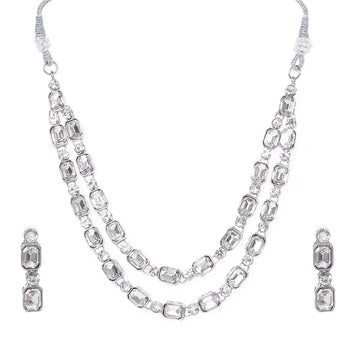 Silver AD Double Layer Choker Set with Earrings