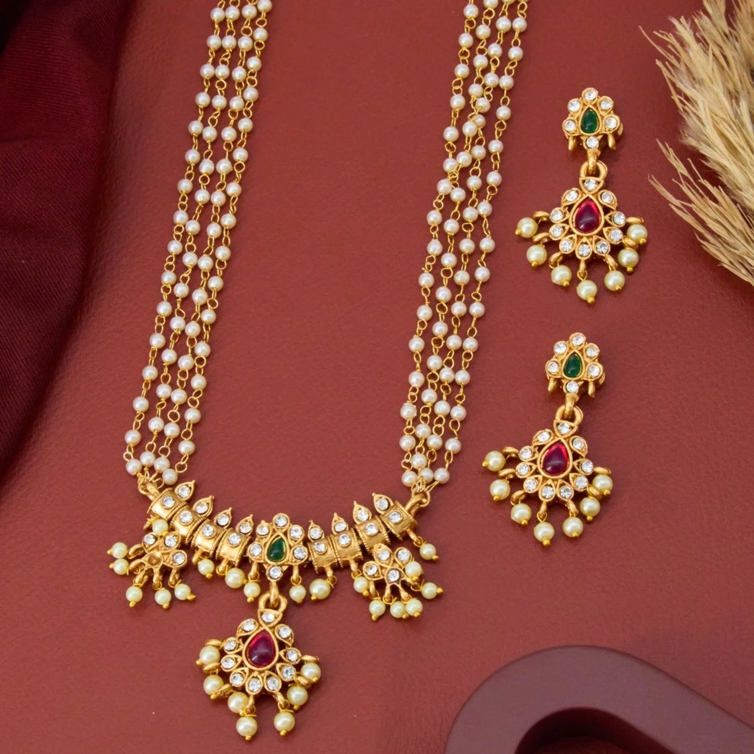South Indian Temple Pearl Pendant Necklace Set