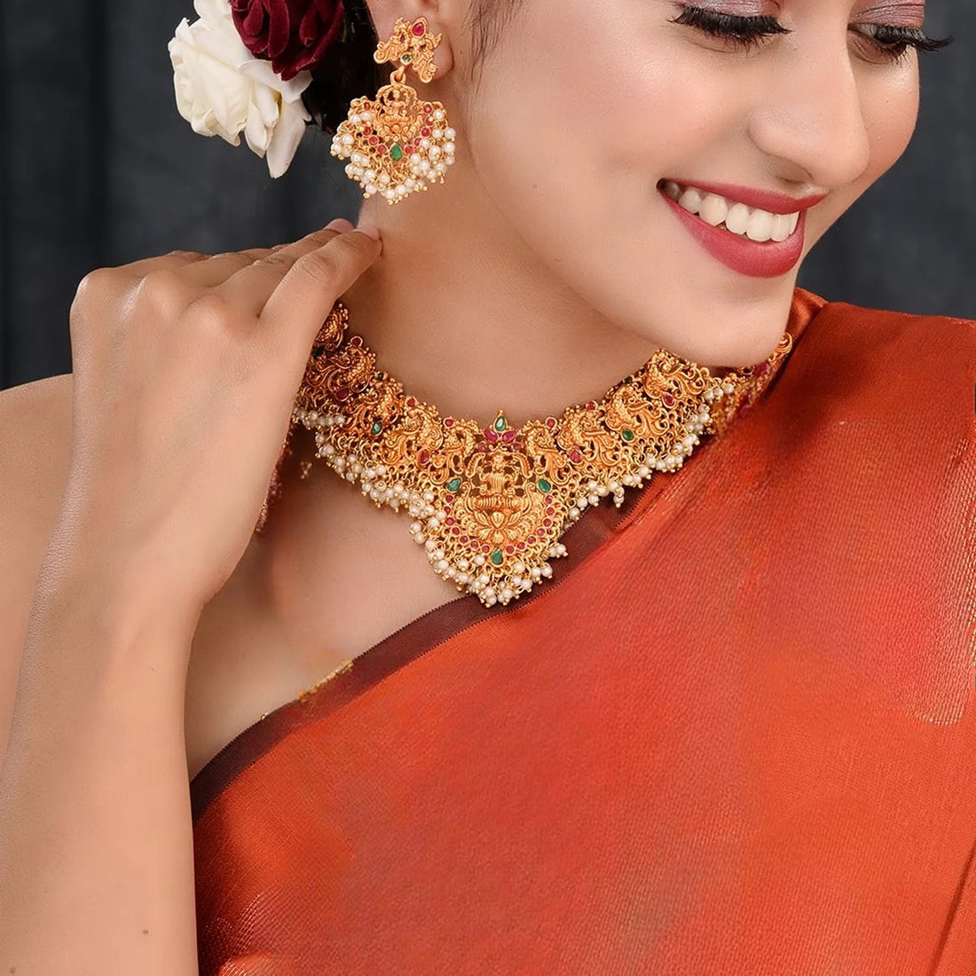 Temple Lakshmi Gold Plated Choker Set with Earrings