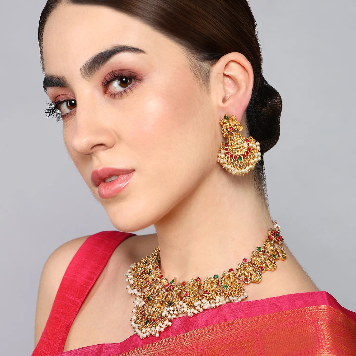 Temple Lakshmi Gold Plated Choker Set with Earrings