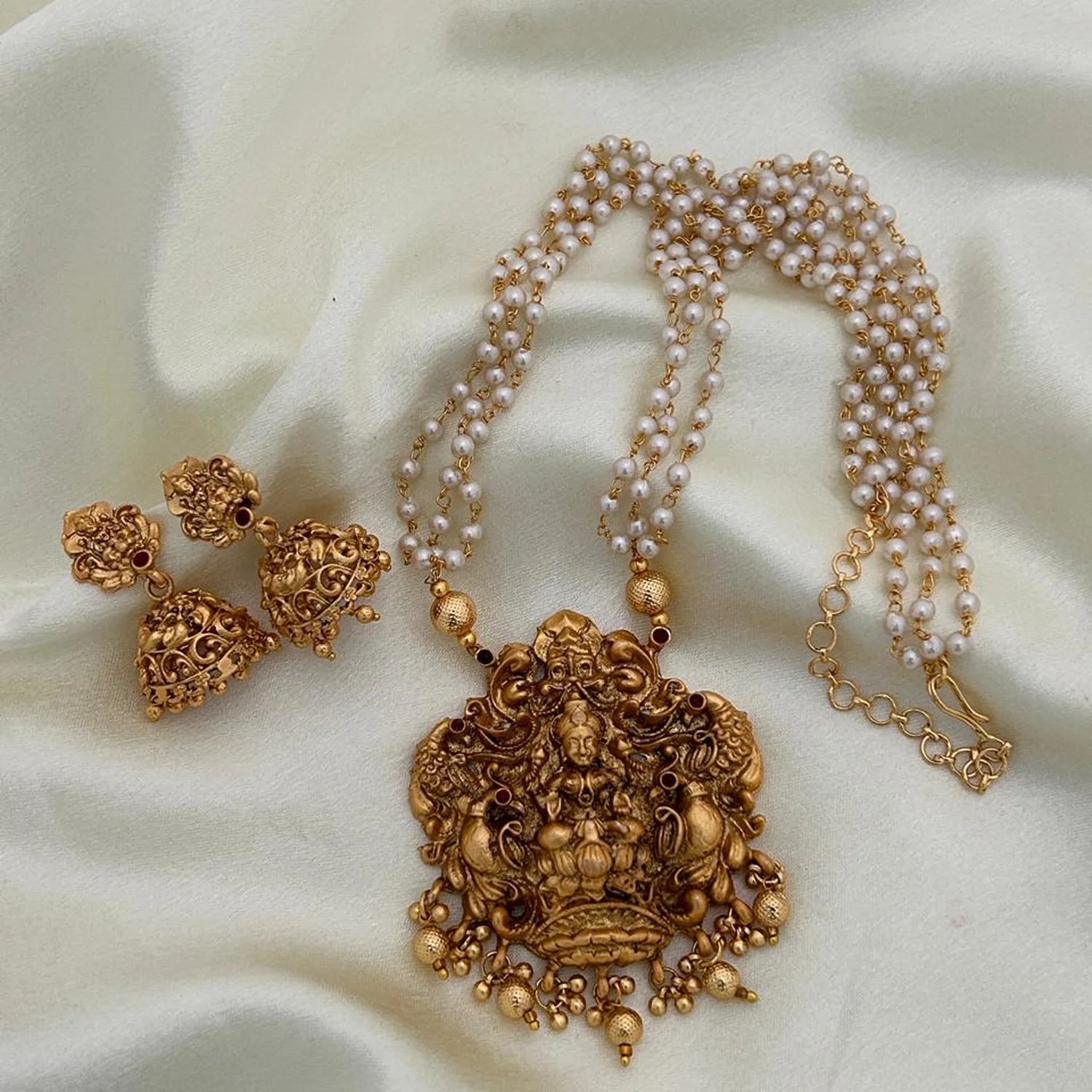 Lakshmi Temple Long Haram Set with Pearls & Jhumka Earrings