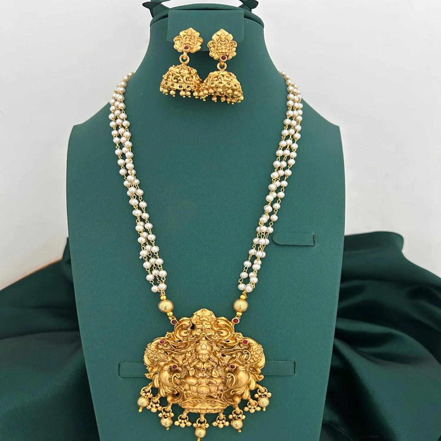 Lakshmi Temple Long Haram Set with Pearls & Jhumka Earrings
