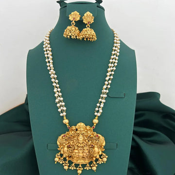 Lakshmi Temple Long Haram Set with Pearls & Jhumka Earrings