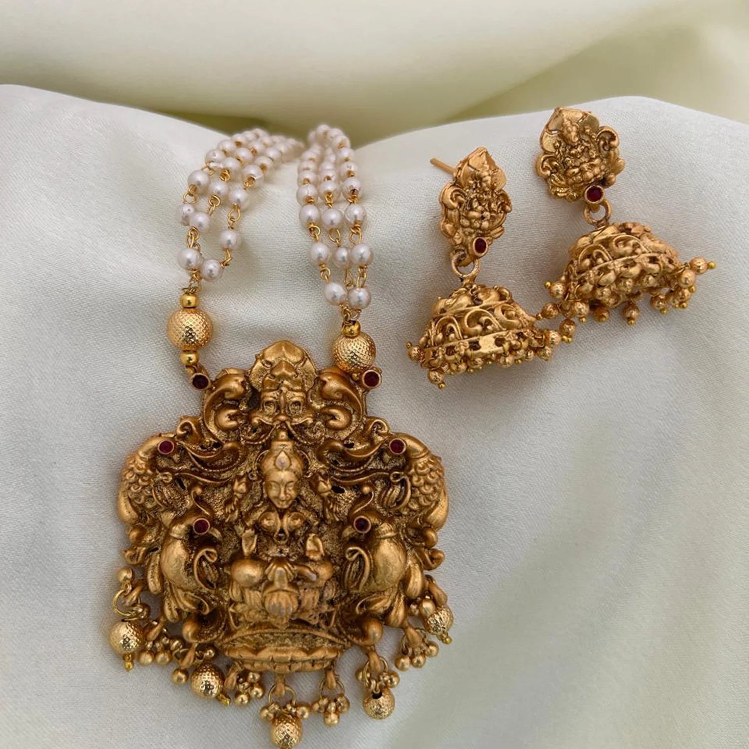 Lakshmi Temple Long Haram Set with Pearls & Jhumka Earrings