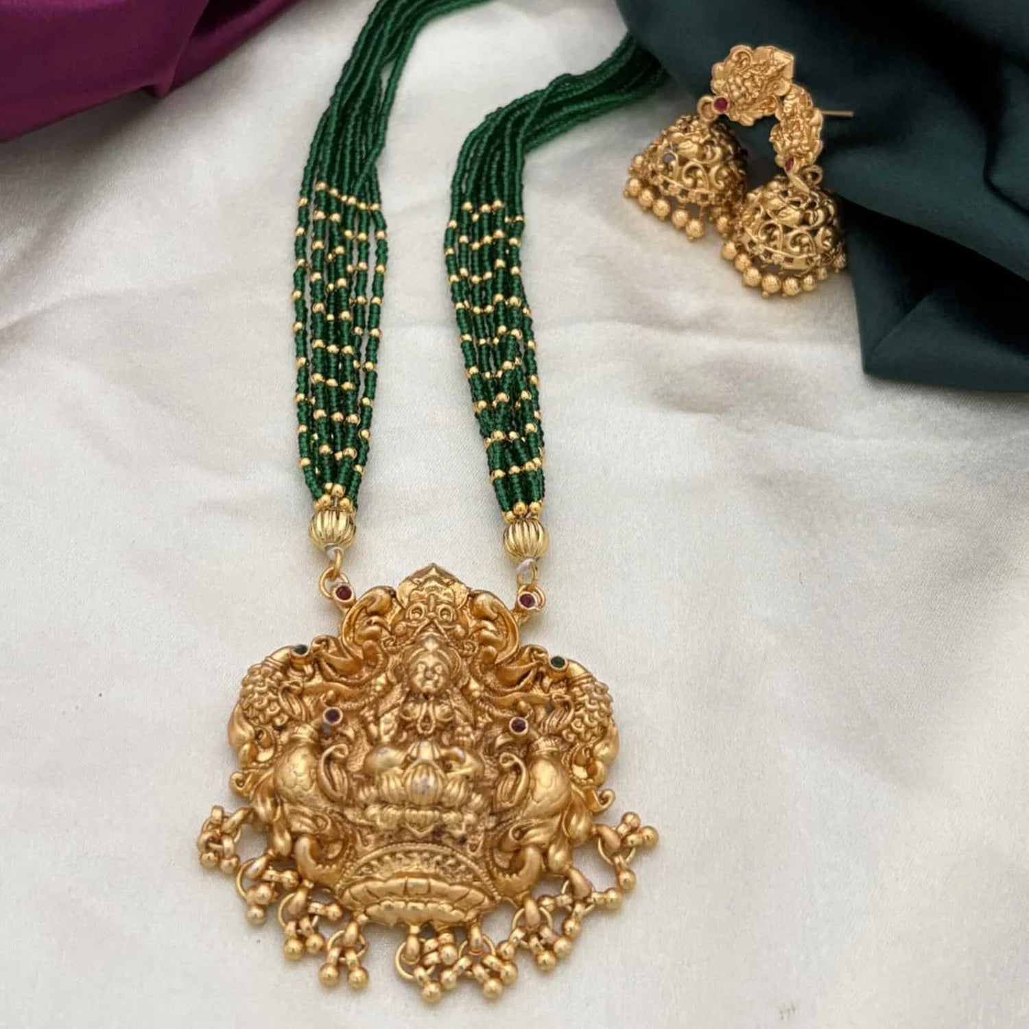 Lakshmi Temple Green Beads Long Haram Set with Jhumka Earrings