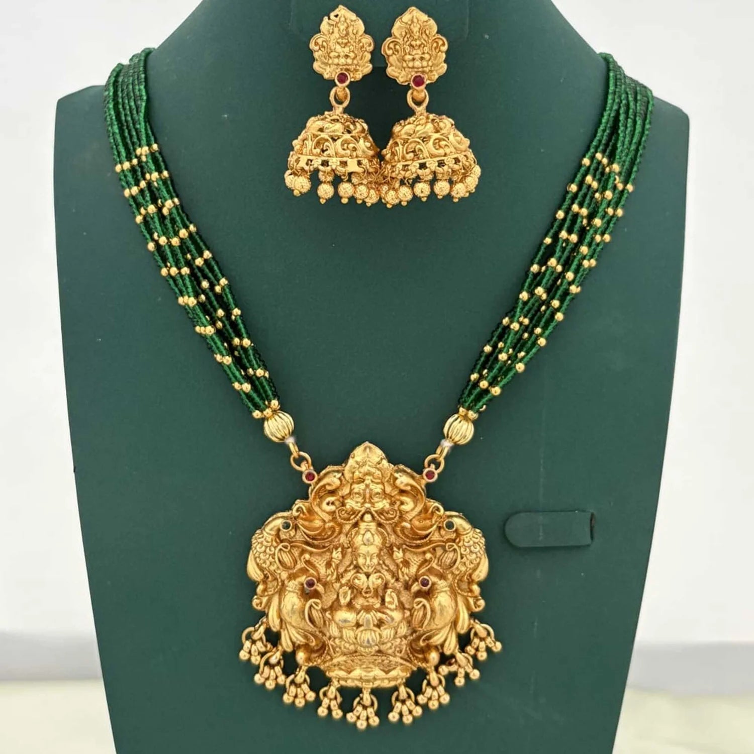Lakshmi Temple Green Beads Long Haram Set with Jhumka Earrings