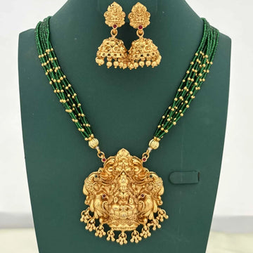 Lakshmi Temple Green Beads Long Haram Set with Jhumka Earrings
