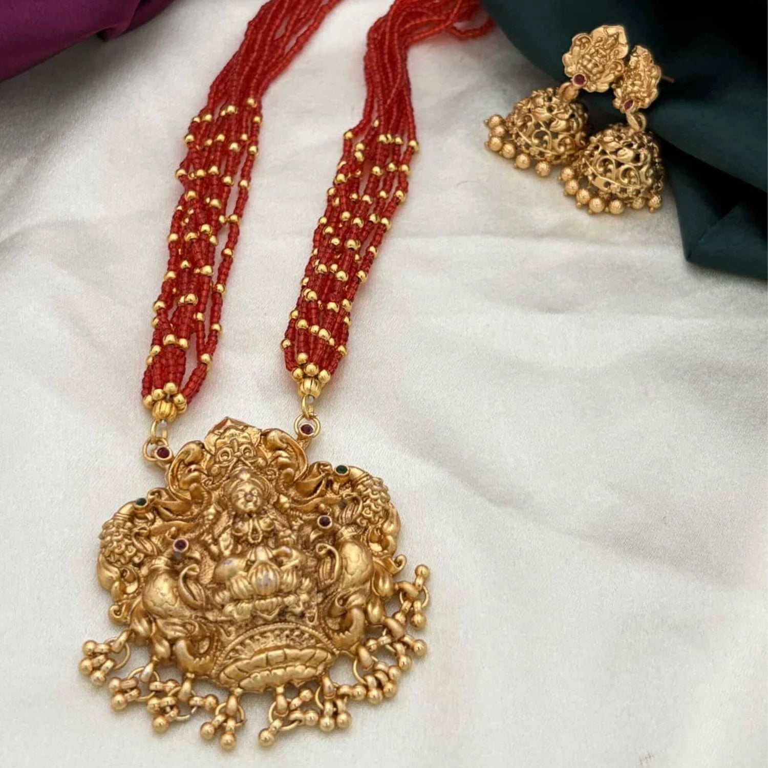 Lakshmi Temple Gold Plated Beaded Necklace Set
