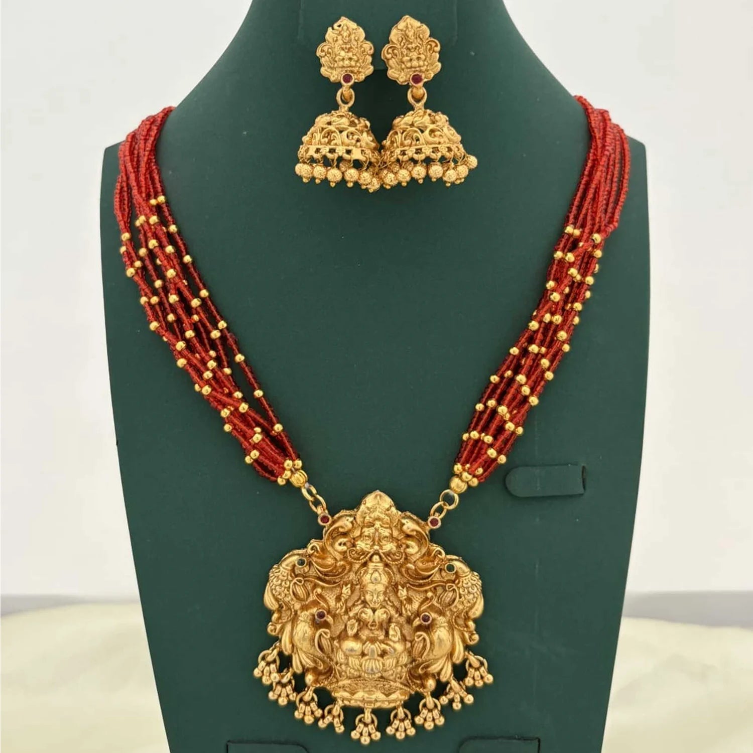 Lakshmi Temple Gold Plated Beaded Necklace Set
