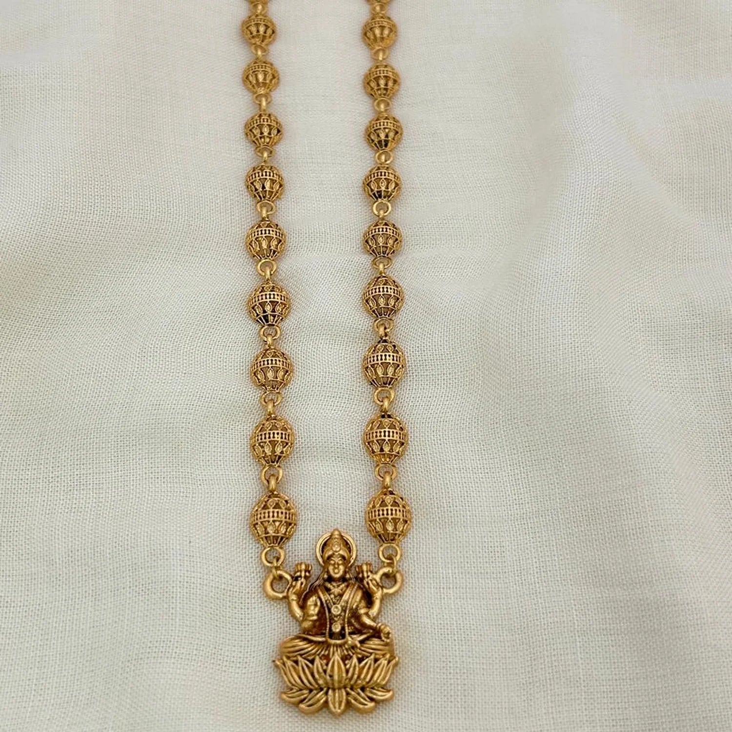 Lakshmi Gold Plated Temple Pendant Beaded Necklace