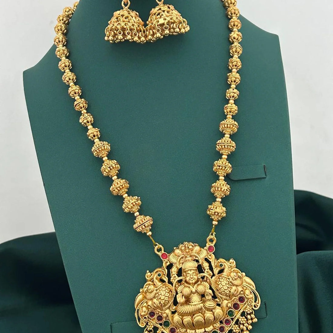 Lakshmi Peacock Temple Green Beaded Necklace