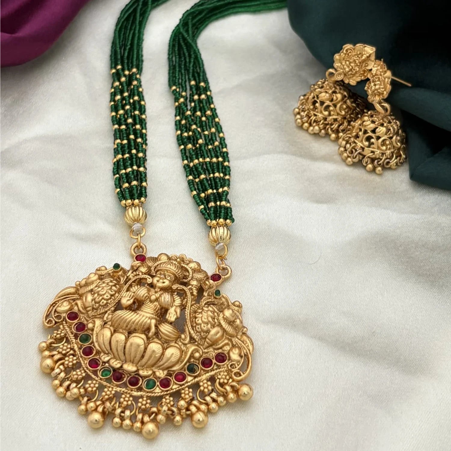 Lakshmi Temple Green Beaded Long Necklace Set