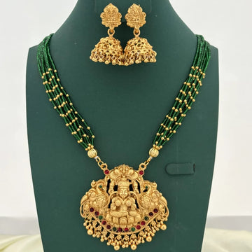 Lakshmi Temple Green Beaded Long Necklace Set