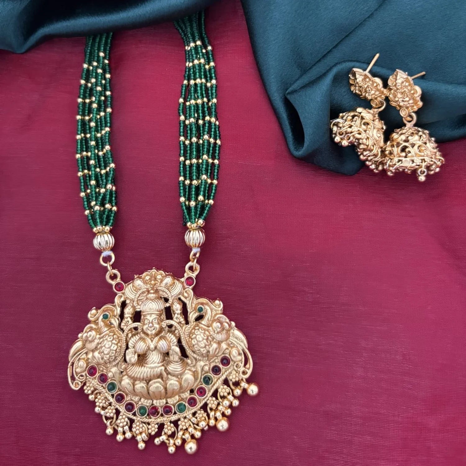 Lakshmi Temple Green Beaded Long Necklace Set
