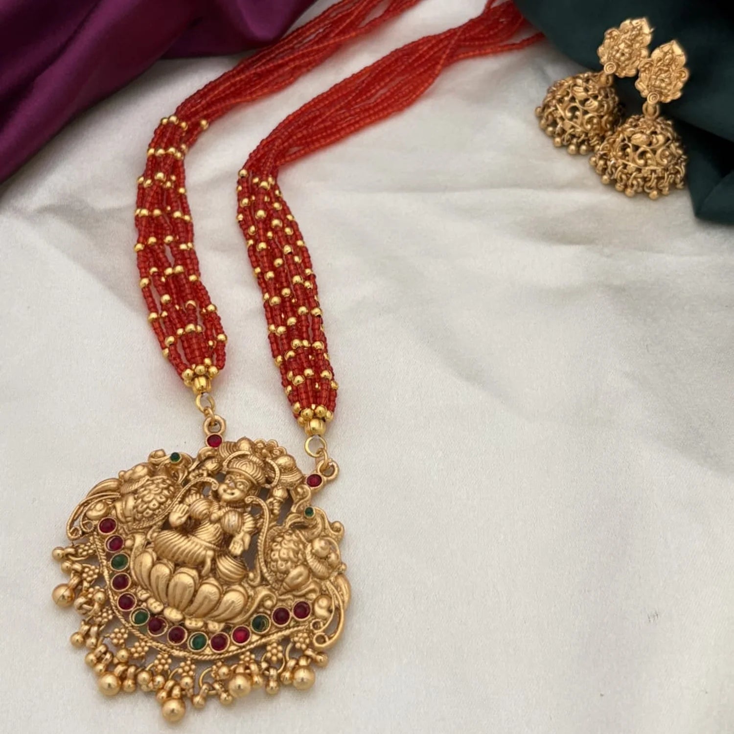 Lakshmi Temple Red Beaded Long Necklace Set