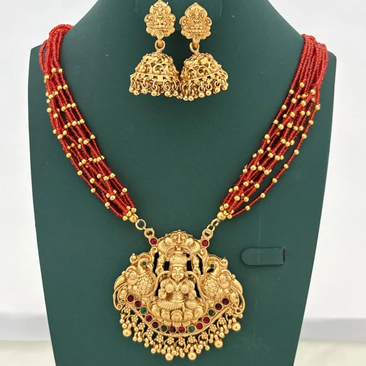 Lakshmi Temple Red Beaded Long Necklace Set