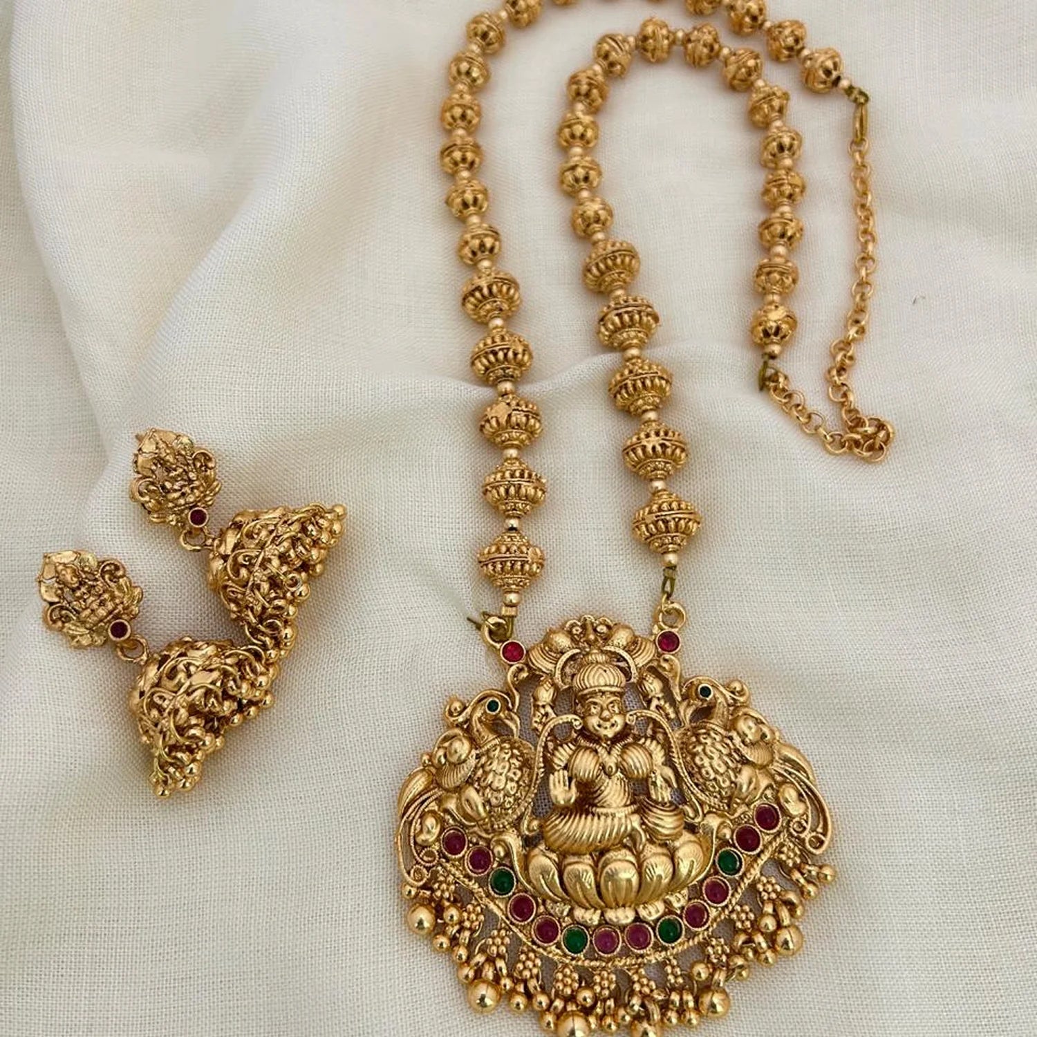 Lakshmi Peacock Temple Green Beaded Necklace