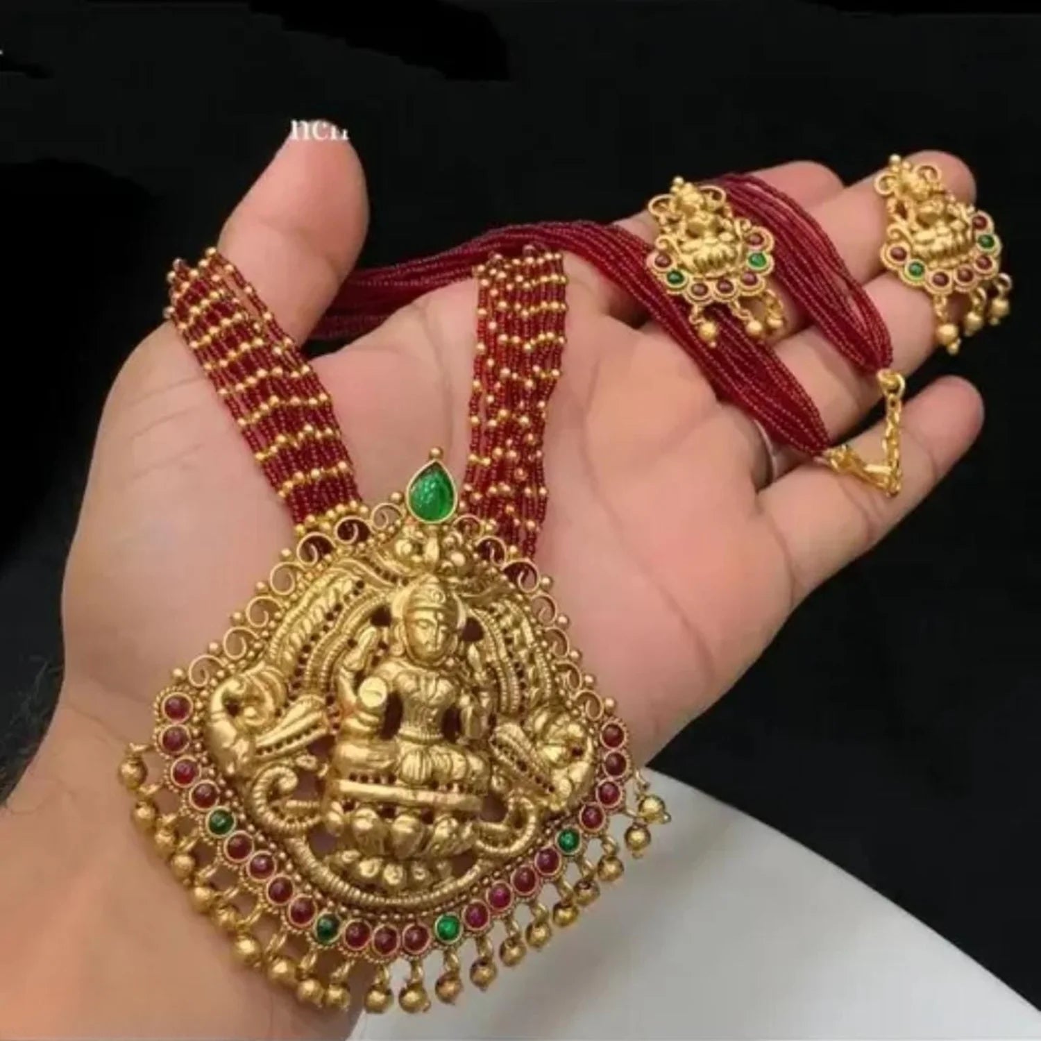 Lakshmi Temple Red Beads Gold Plated Necklace Set