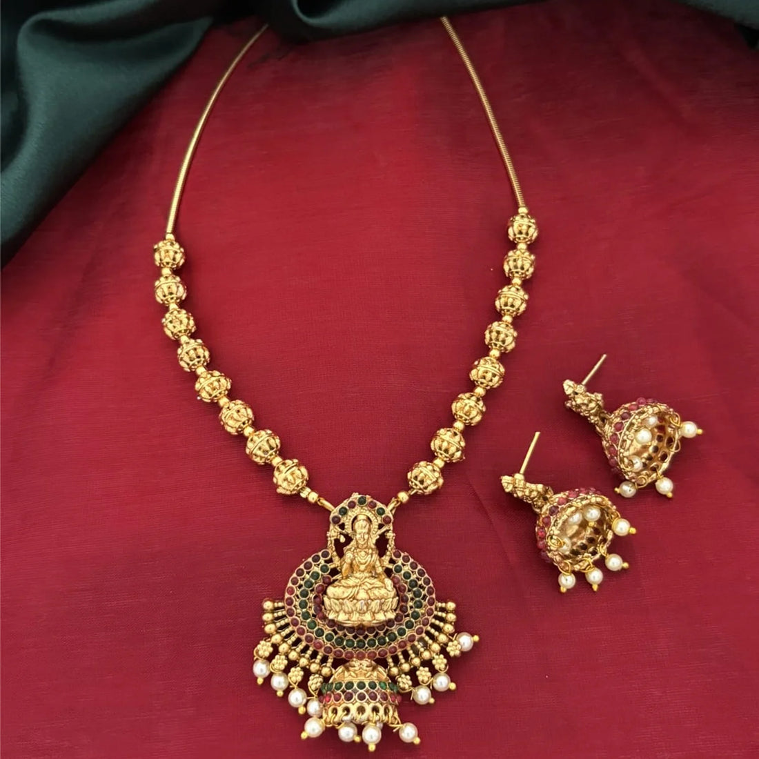 Lakshmi Antique Gold Temple Necklace Set with Jhumka Earrings