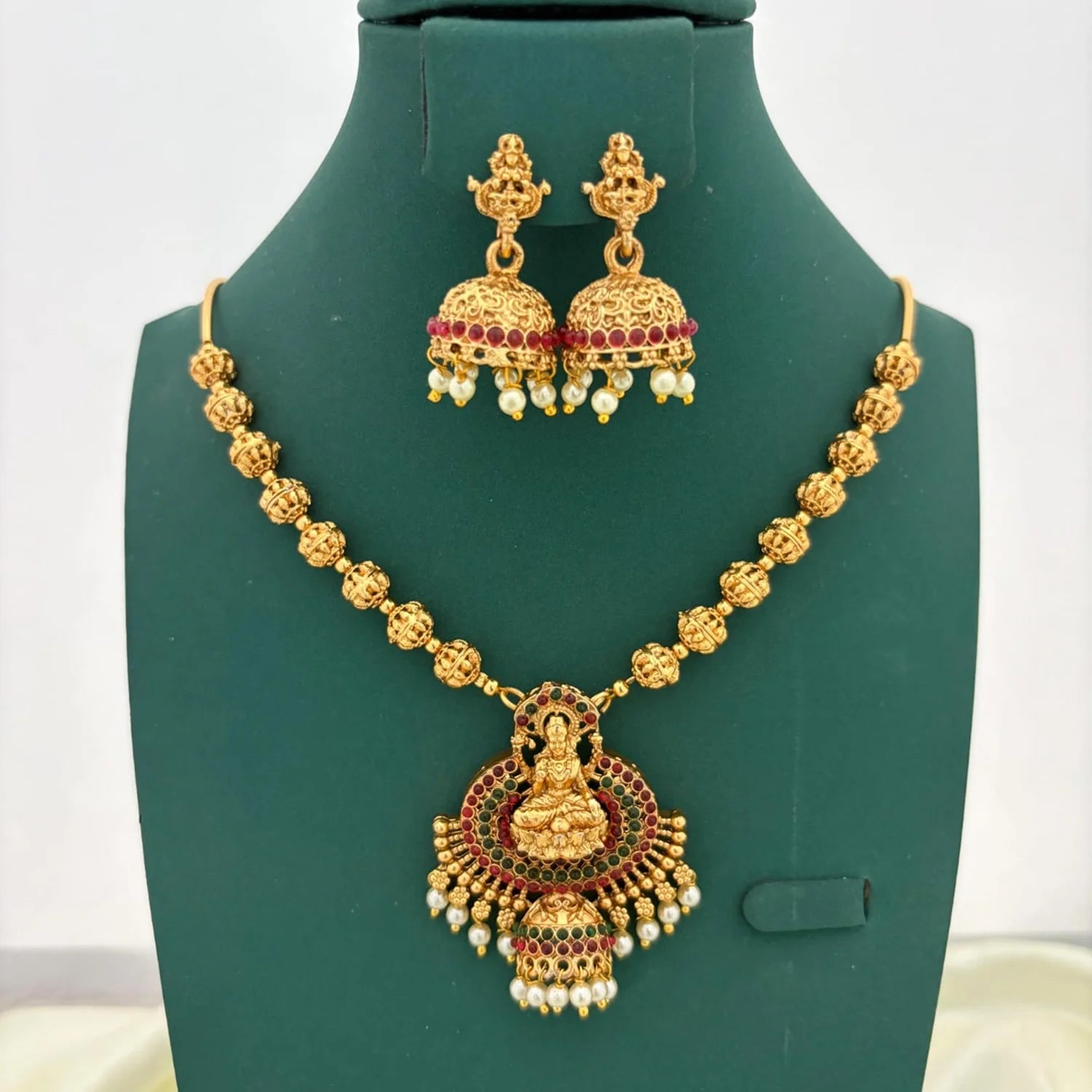 Lakshmi Antique Gold Temple Necklace Set with Jhumka Earrings