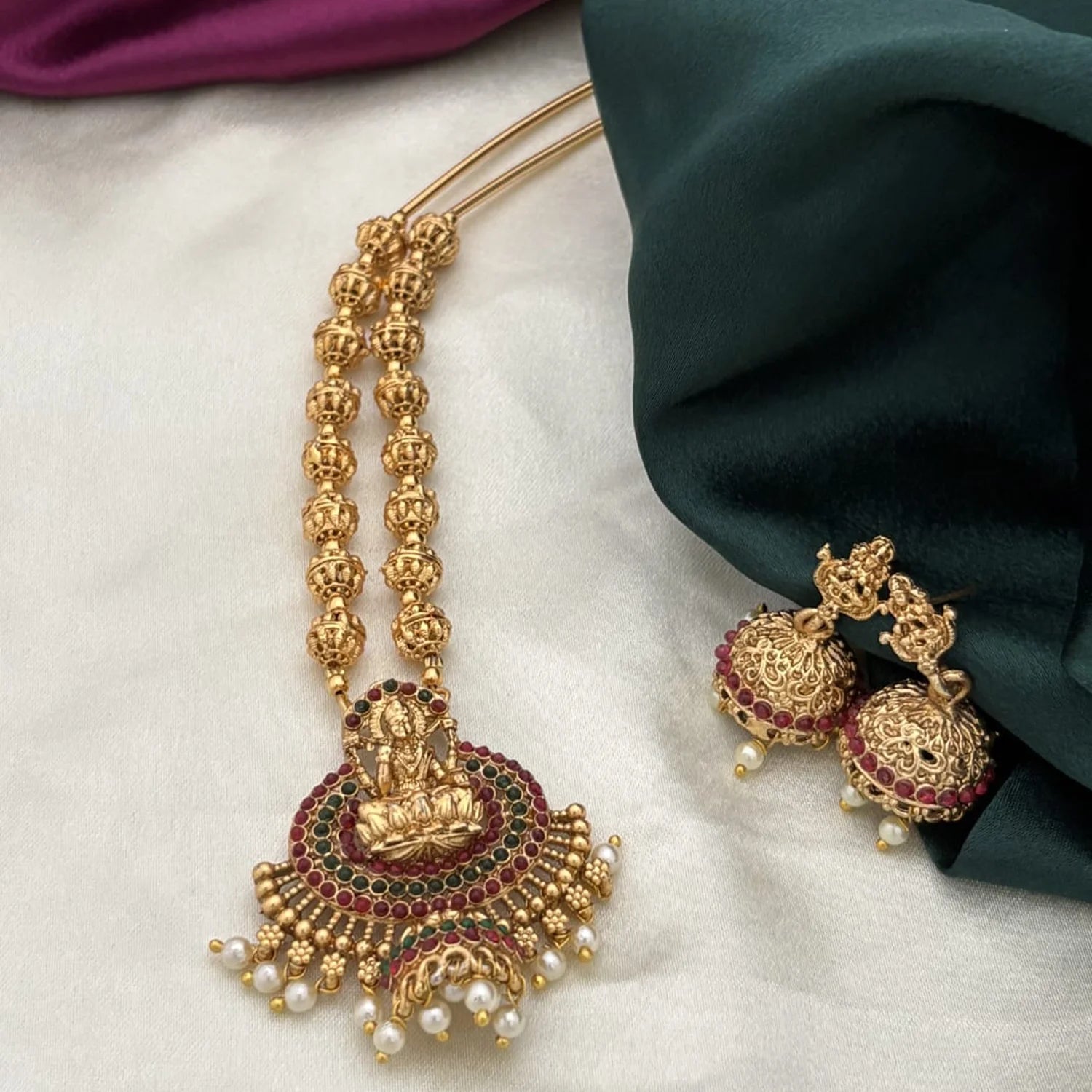 Lakshmi Antique Gold Temple Necklace Set with Jhumka Earrings