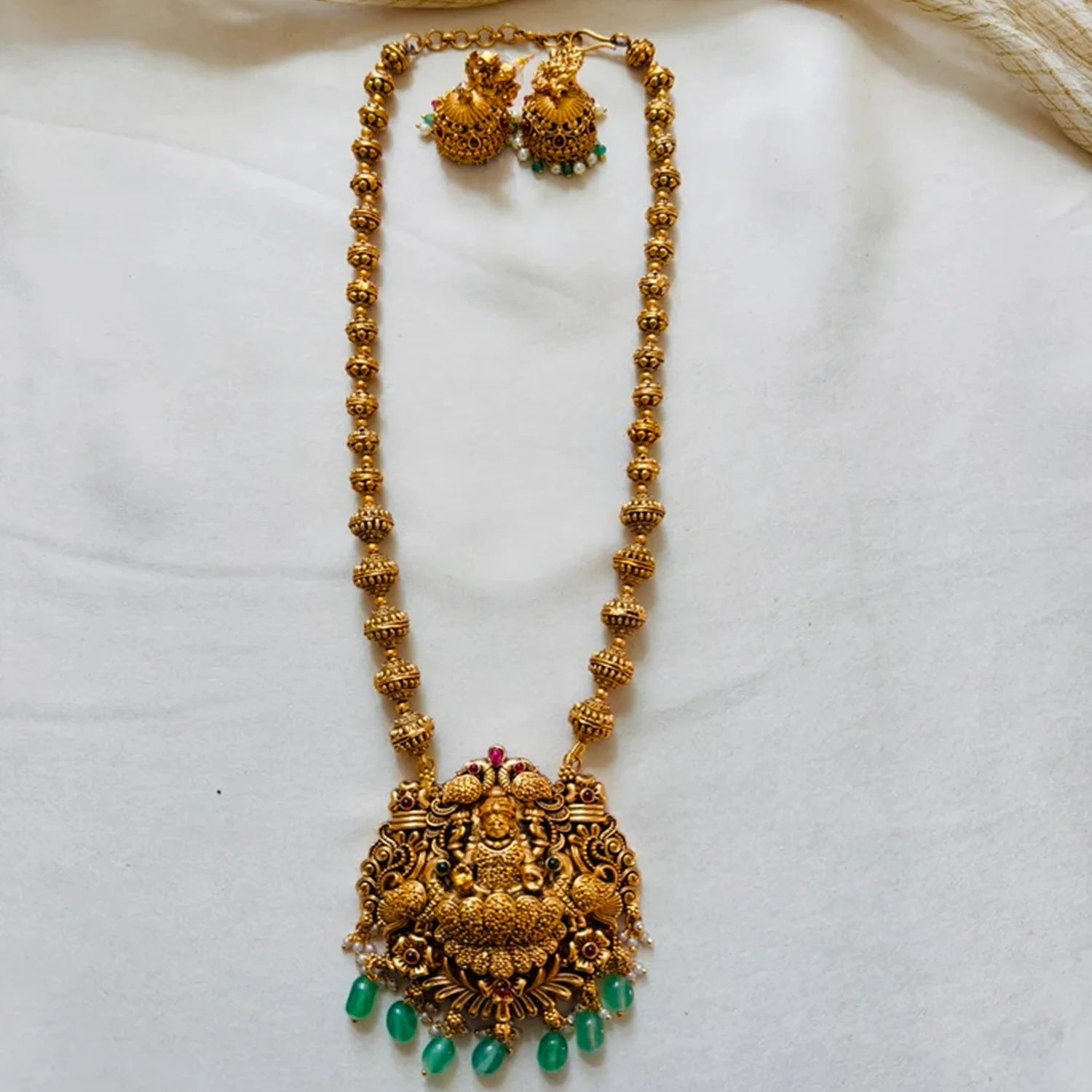 Lakshmi Peacock Temple Long Necklace Set with Green Drops