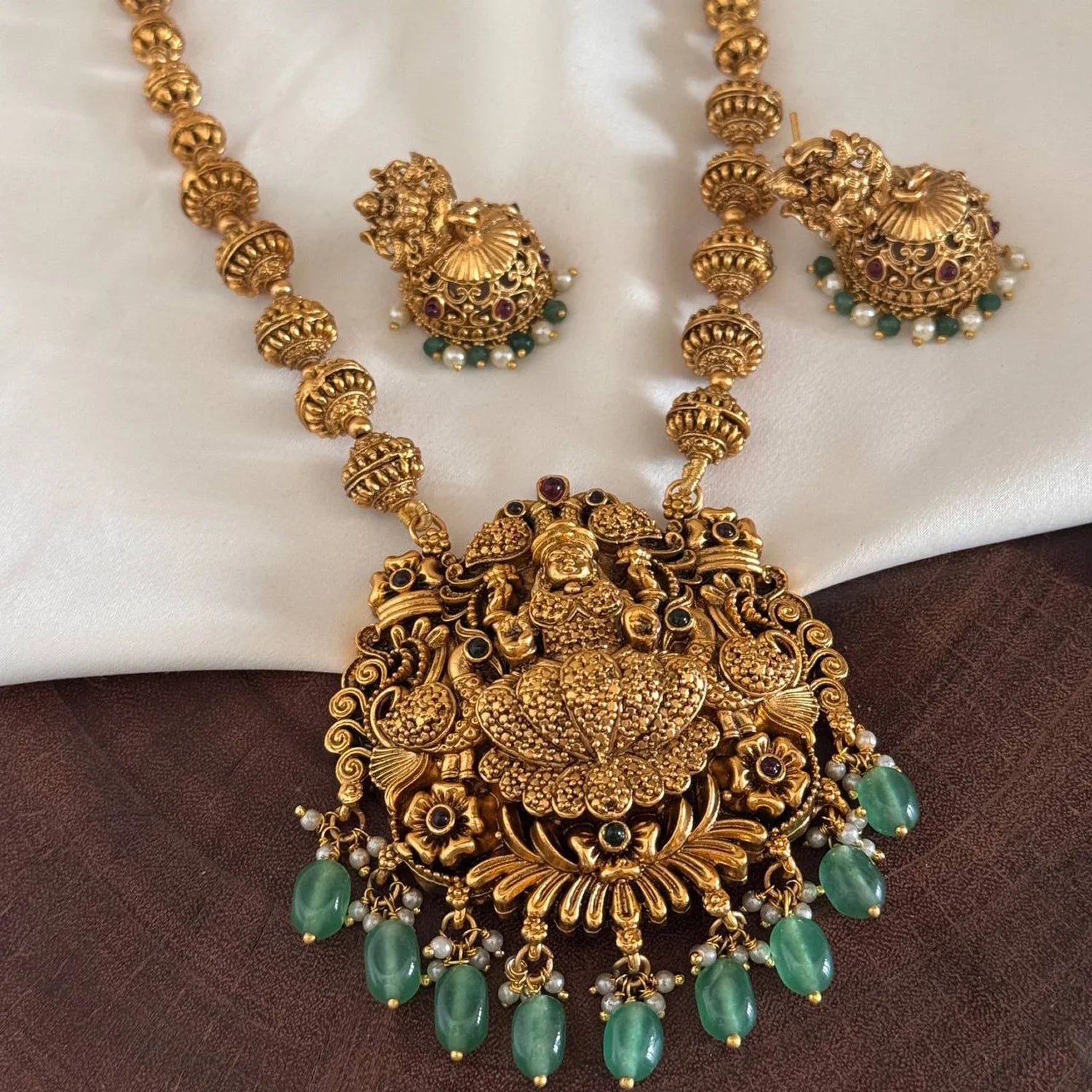 Lakshmi Peacock Temple Long Necklace Set with Green Drops