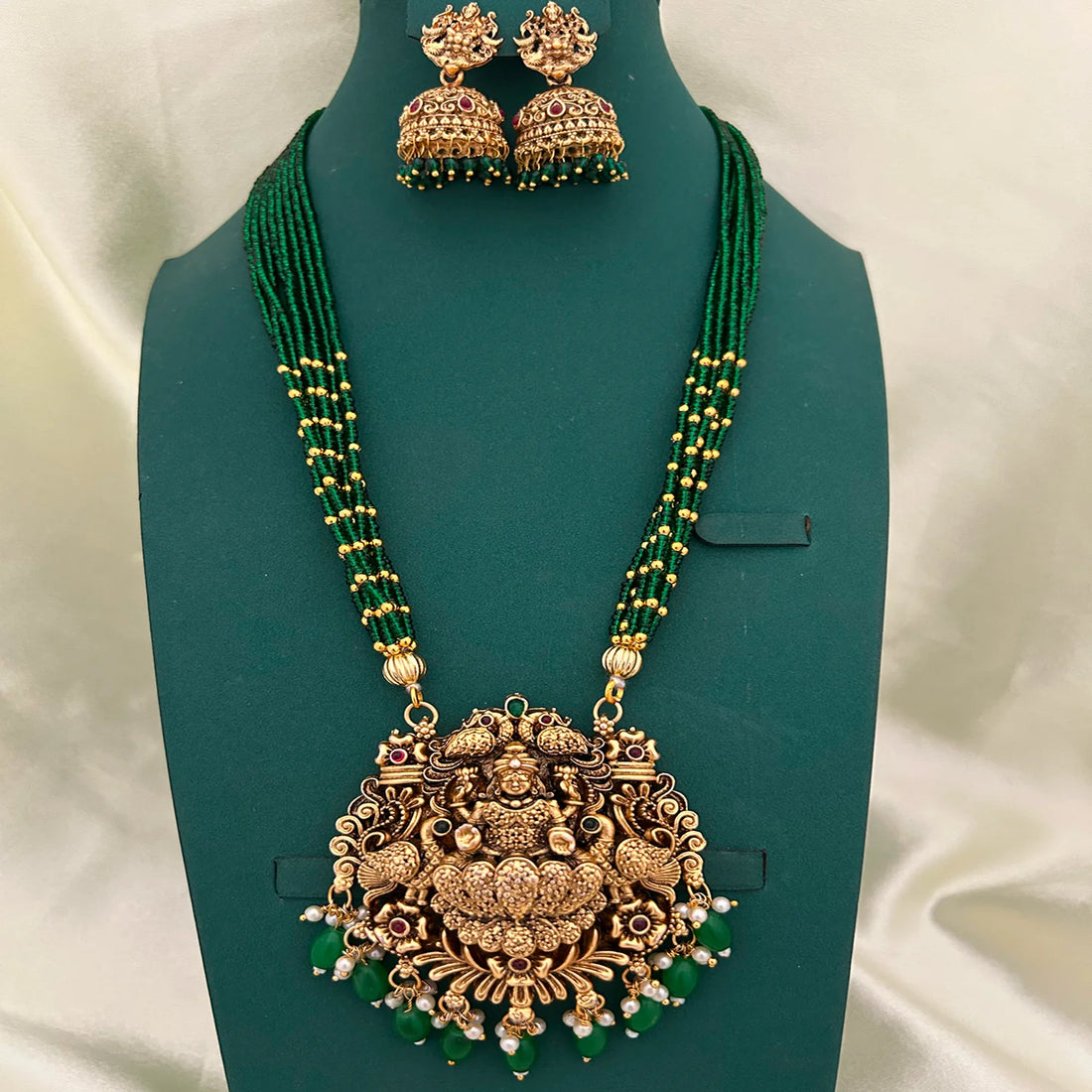 Lakshmi Peacock Temple Long Necklace Set with Green Drops