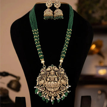 Lakshmi Peacock Temple Long Necklace Set with Green Drops
