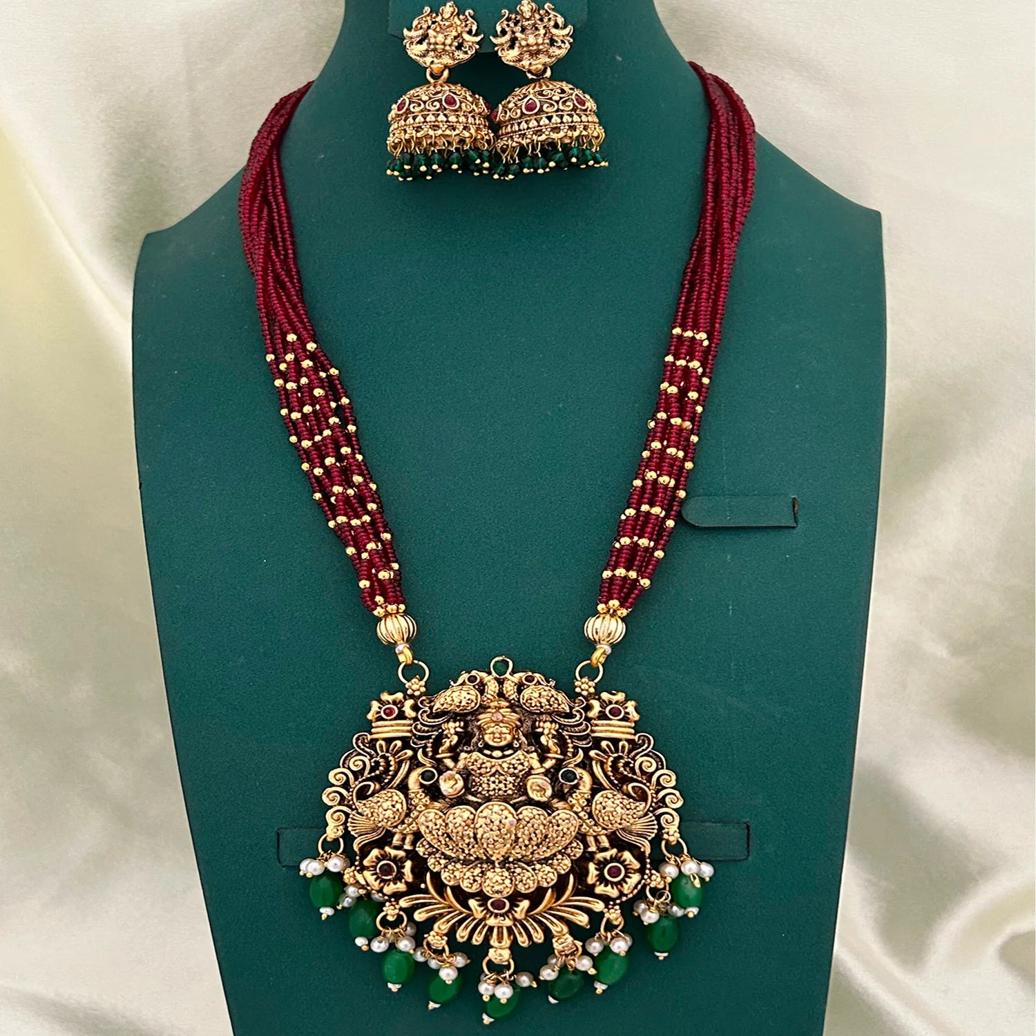 Lakshmi Peacock Temple Long Necklace Set with Green Drops