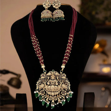 Lakshmi Temple Red Beaded Long Necklace Set