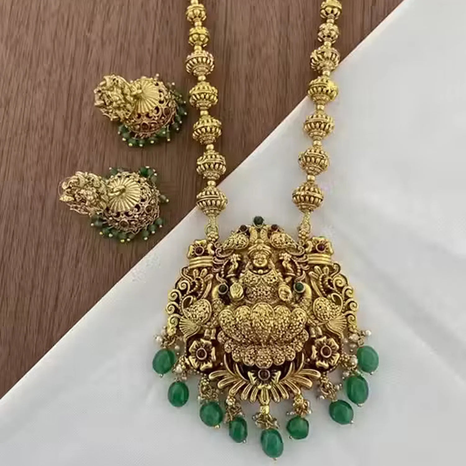 Lakshmi Peacock Temple Long Necklace Set with Green Drops