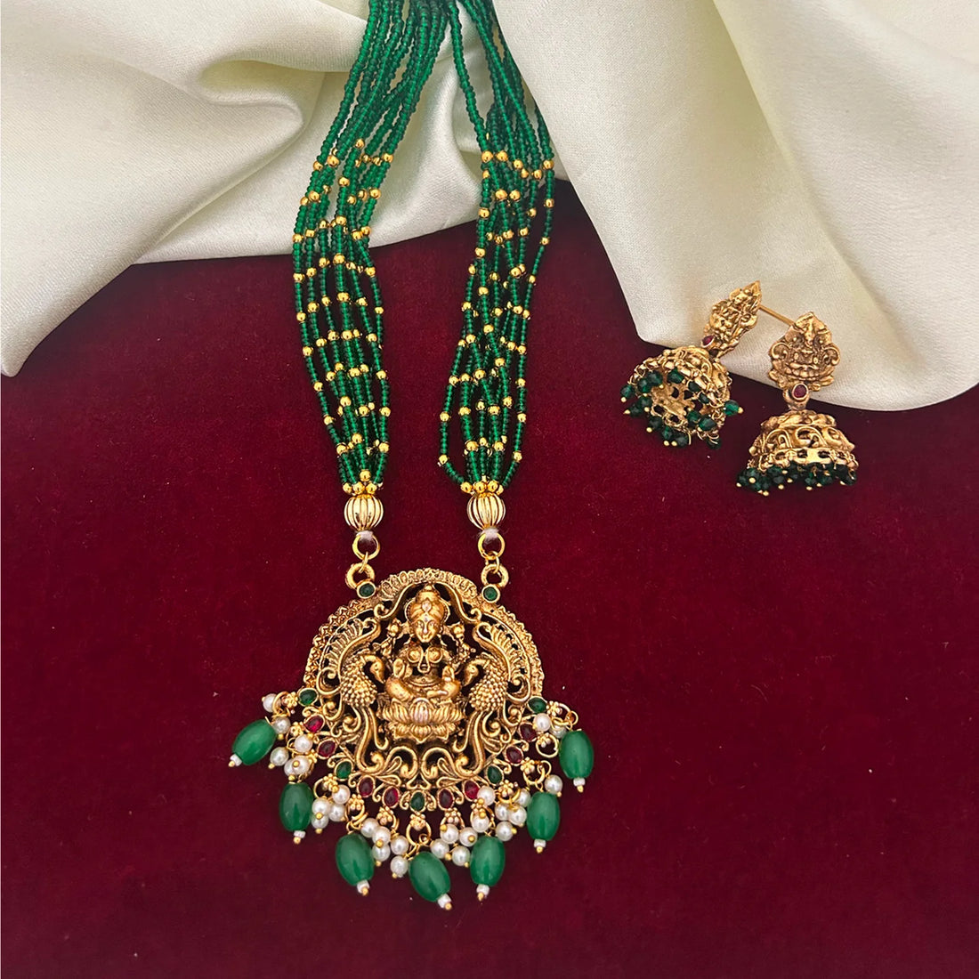 Lakshmi Temple Green Beads Gold Plated Long Necklace Set