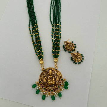 Lakshmi Temple Green Beads Gold Plated Long Necklace Set