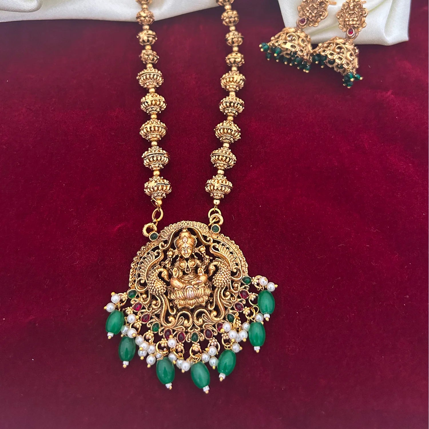 Lakshmi Temple Green Drop Gold Plated Long Necklace Set