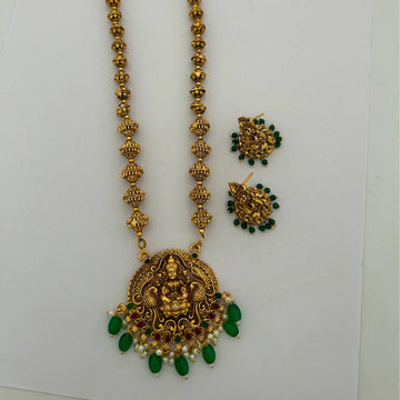 Lakshmi Temple Green Drop Gold Plated Long Necklace Set