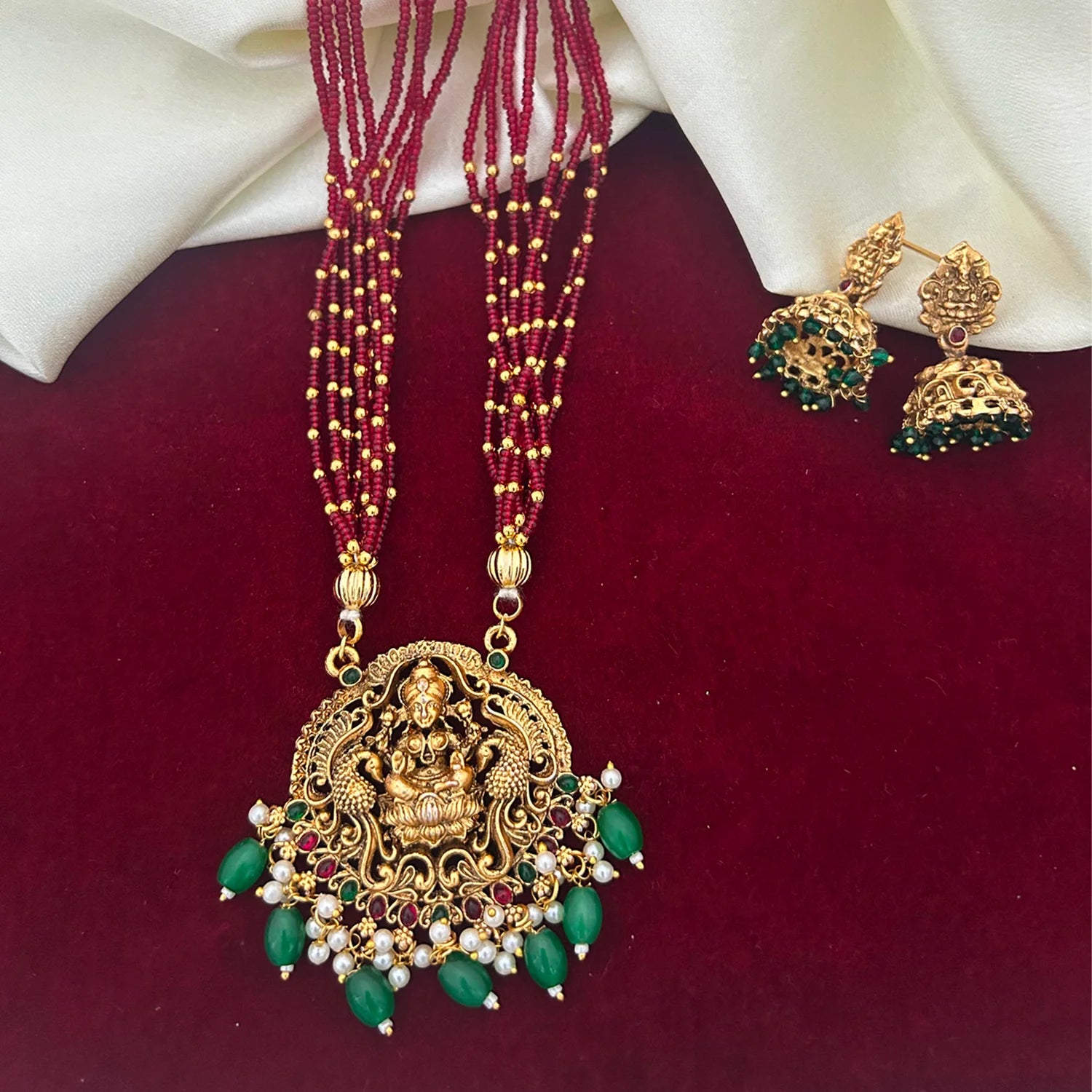 Lakshmi Temple Red Stone Gold Plated Necklace Set