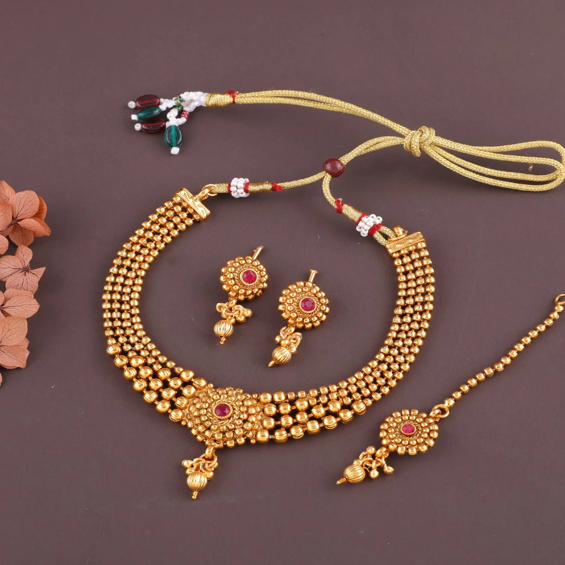 Traditional Gold Beaded Choker Set with Maang Tikka