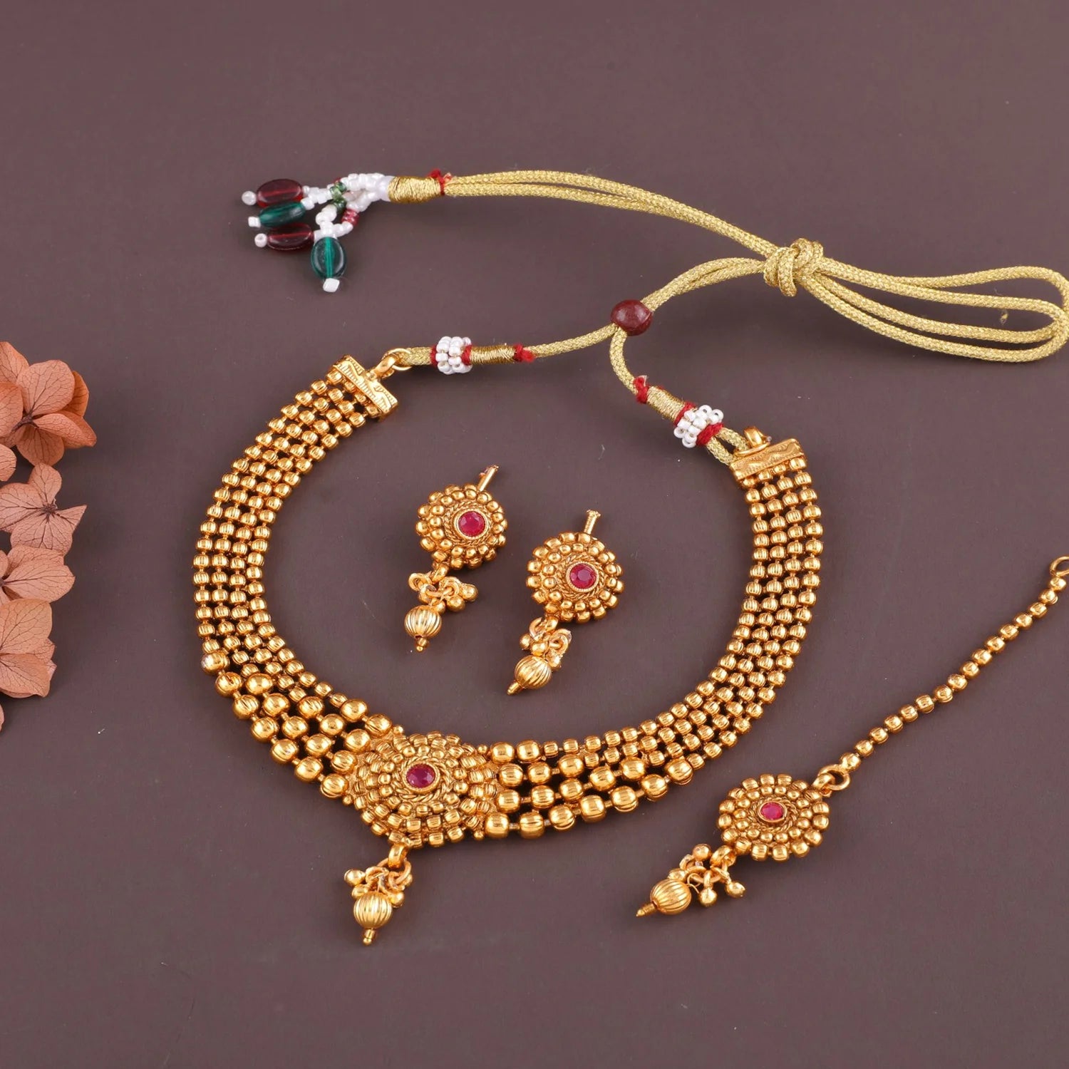Traditional Gold Beaded Choker Set with Maang Tikka