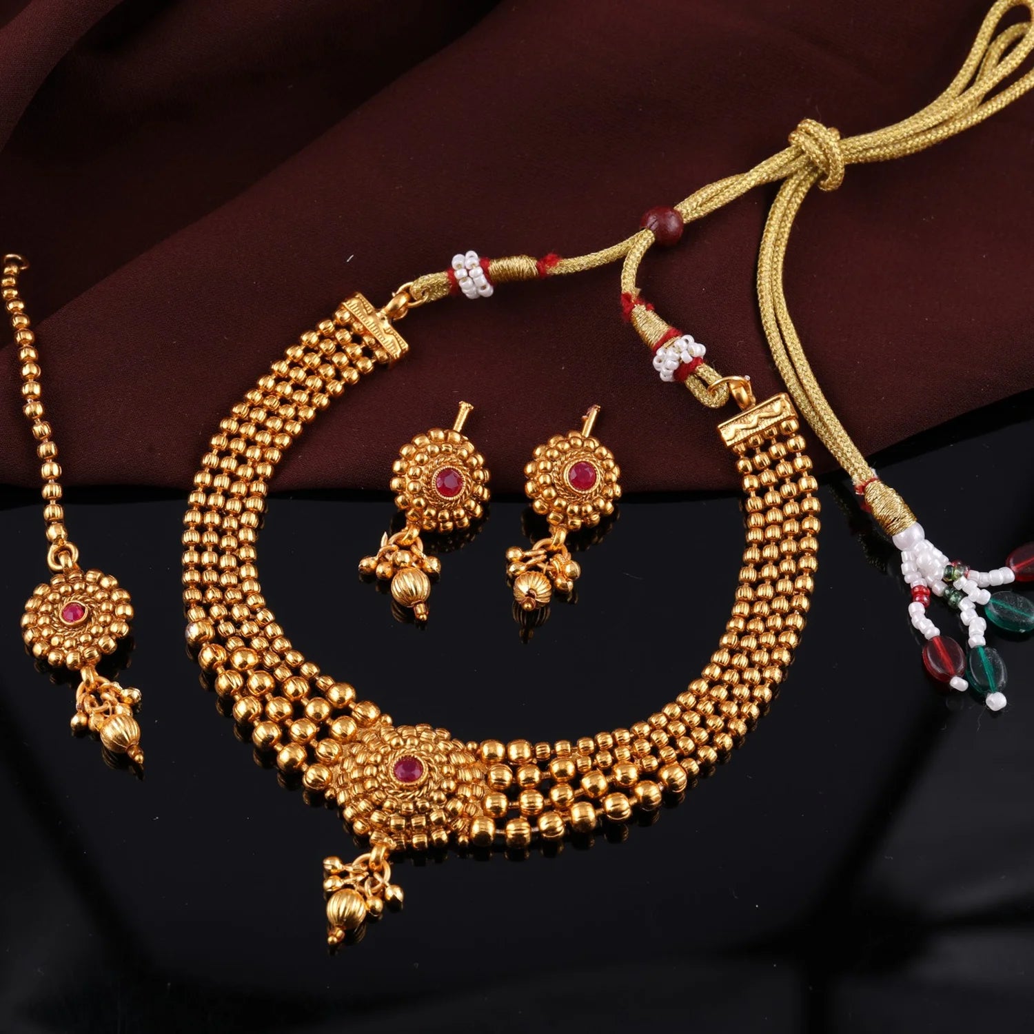 Traditional Gold Beaded Choker Set with Maang Tikka