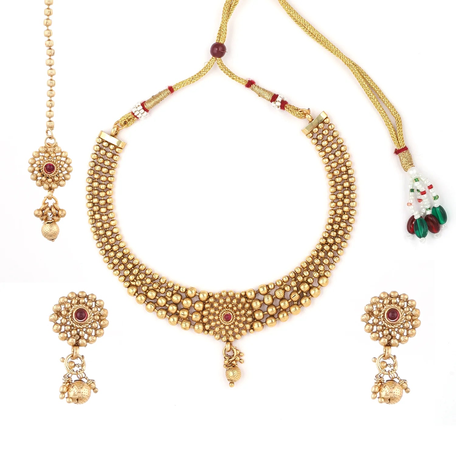 Traditional Gold Beaded Choker Set with Maang Tikka