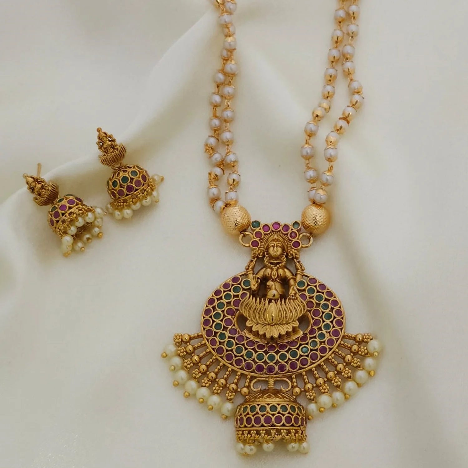 Lakshmi Temple Gold Plated Pendant Necklace Set