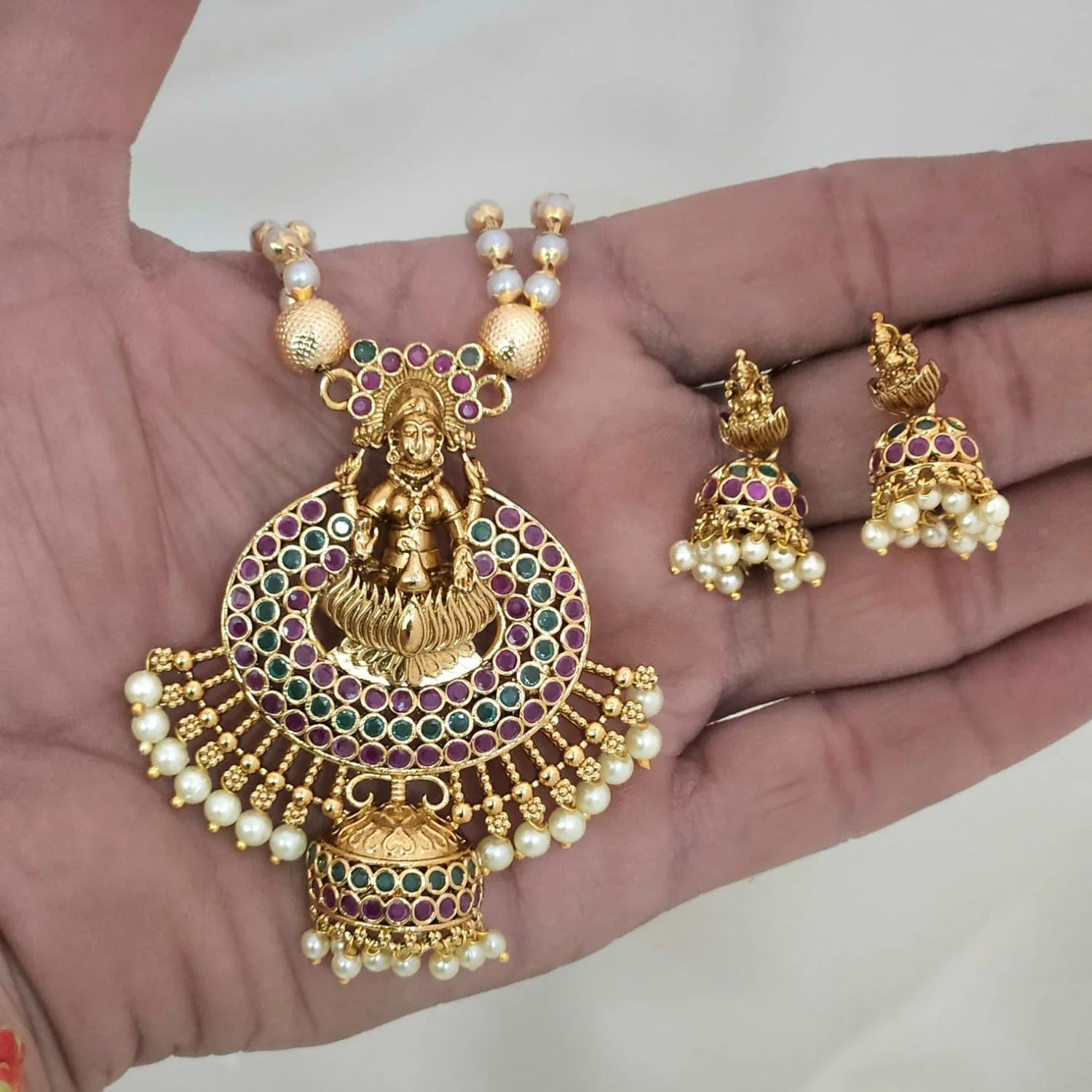 Lakshmi Temple Gold Plated Pendant Necklace Set