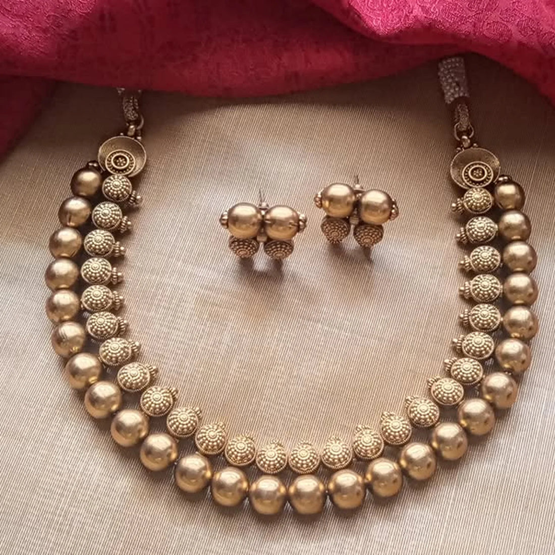 Temple Bead Gold Plated South Indian Necklace Set