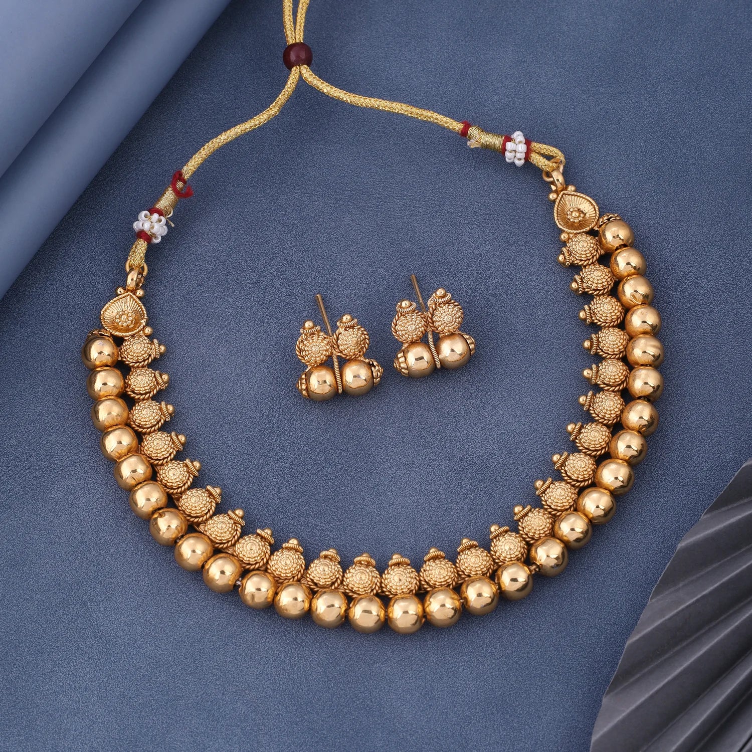 Temple Bead Gold Plated South Indian Necklace Set